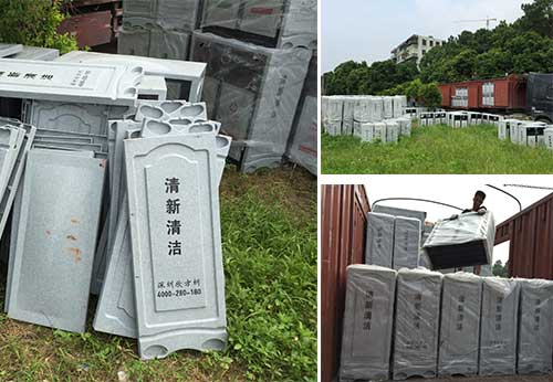  欣方圳仿大理石垃圾桶廠家為清遠(yuǎn)高校送貨上門。